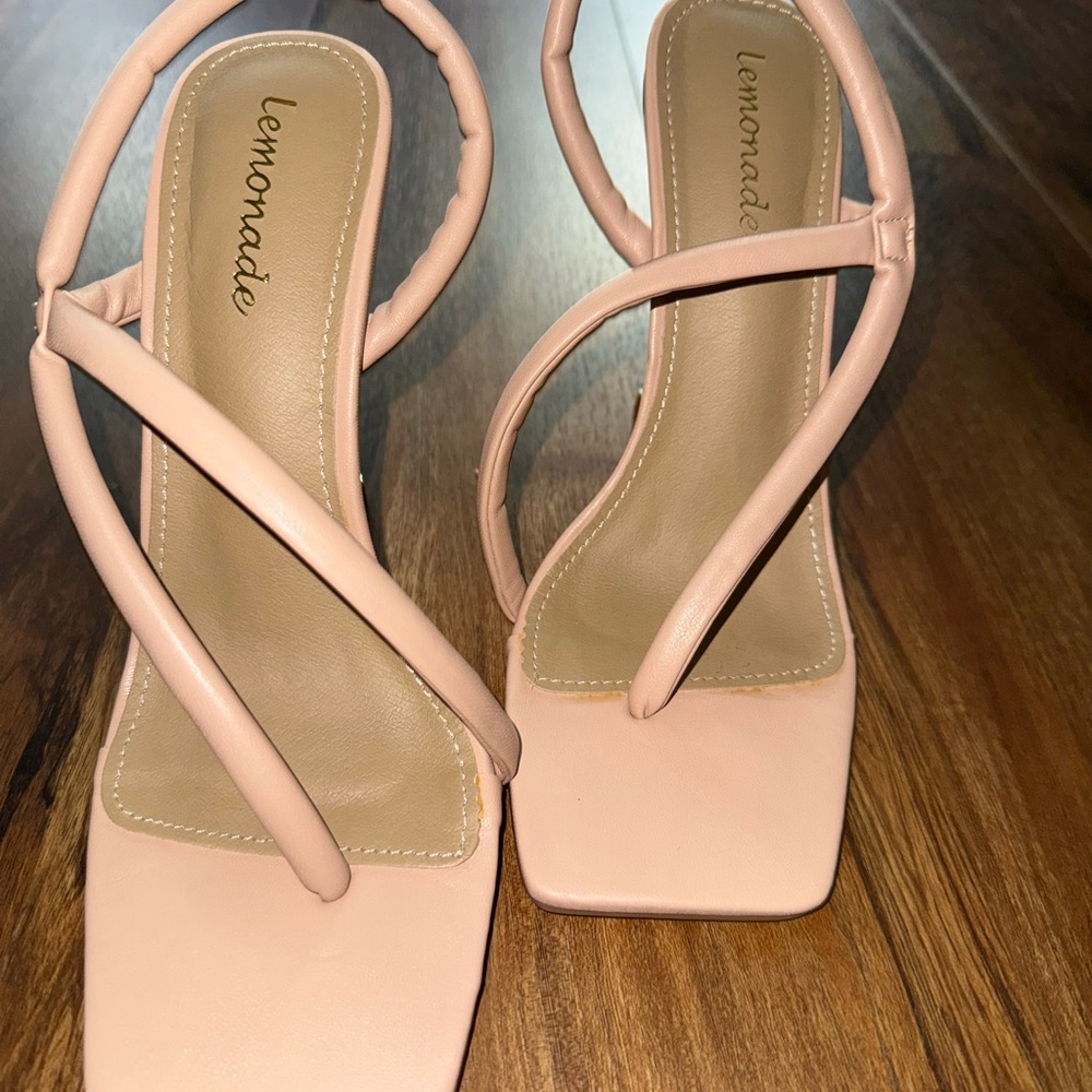 Lemon Pink Strappy Heels with Square Toe & Gold Heal